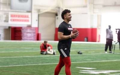 Nebraska's Dylan Raiola throws passes during football Pro Day