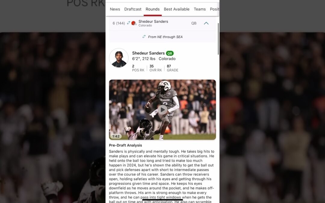 SHEDEUR SANDERS DRAFT ROUND 5 PICK 6 BY CLEVLAND BROWNS